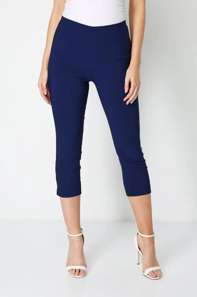 Midnight Blue Elastic Waist Stretch Cropped Trousers Women Roman Coords