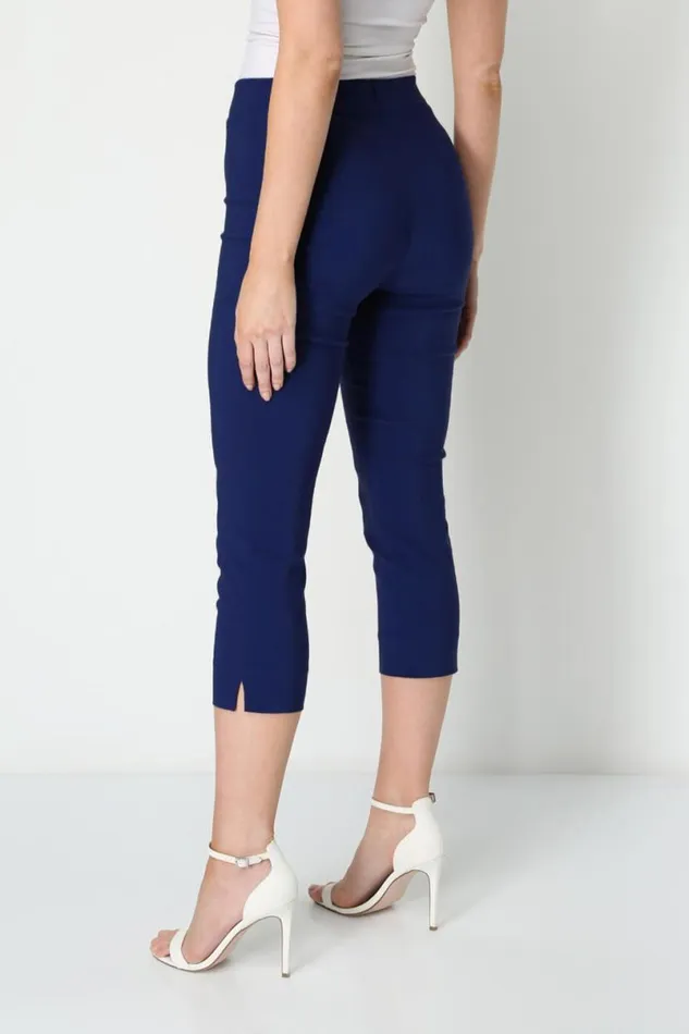 Midnight Blue Elastic Waist Stretch Cropped Trousers Women Roman Coords