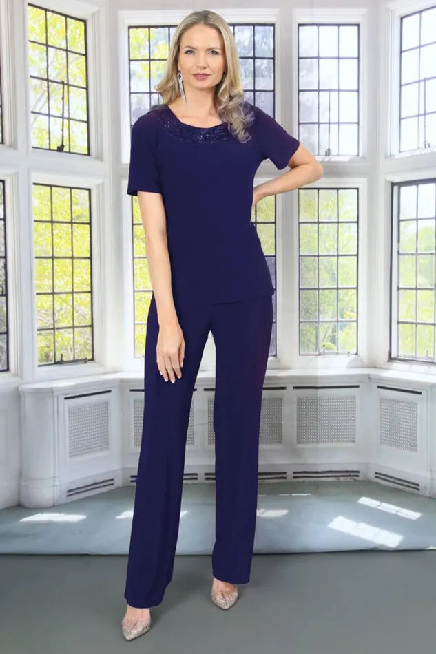 Midnight Blue Julianna Jersey Stretch Wide Leg Trouser Women Roman Trousers