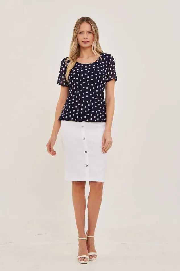 Midnight Blue Julianna Spot Print Chiffon Top Women Roman Tops