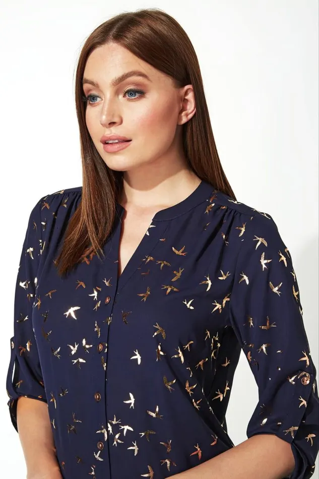 Midnight Blue Metallic Foil Bird Print Blouse Women Roman Tops