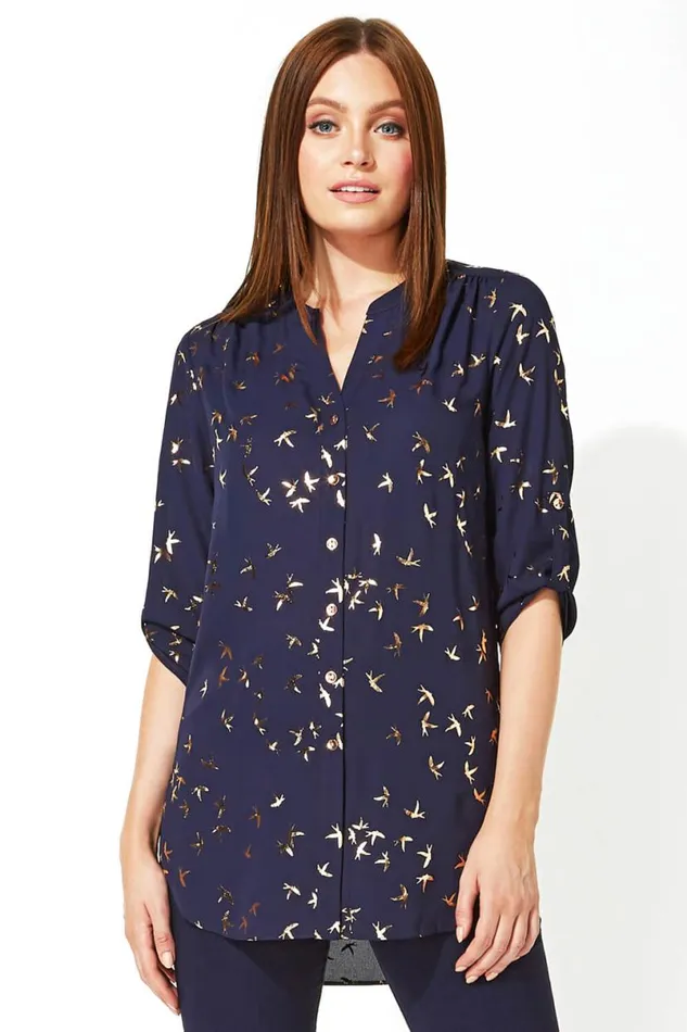 Midnight Blue Metallic Foil Bird Print Blouse Women Roman Tops