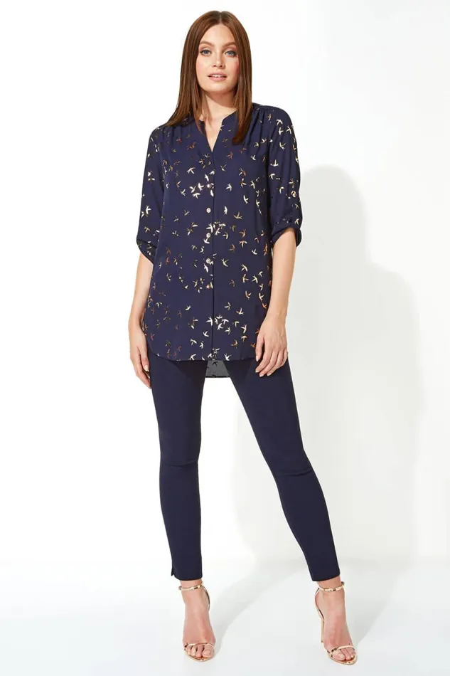 Midnight Blue Metallic Foil Bird Print Blouse Women Roman Tops