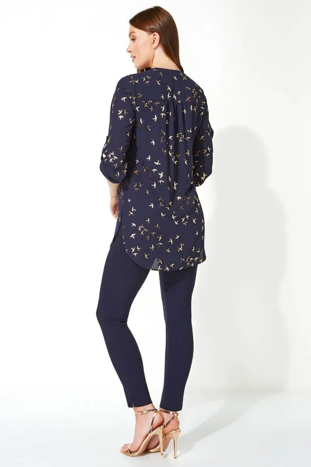 Midnight Blue Metallic Foil Bird Print Blouse Women Roman Tops
