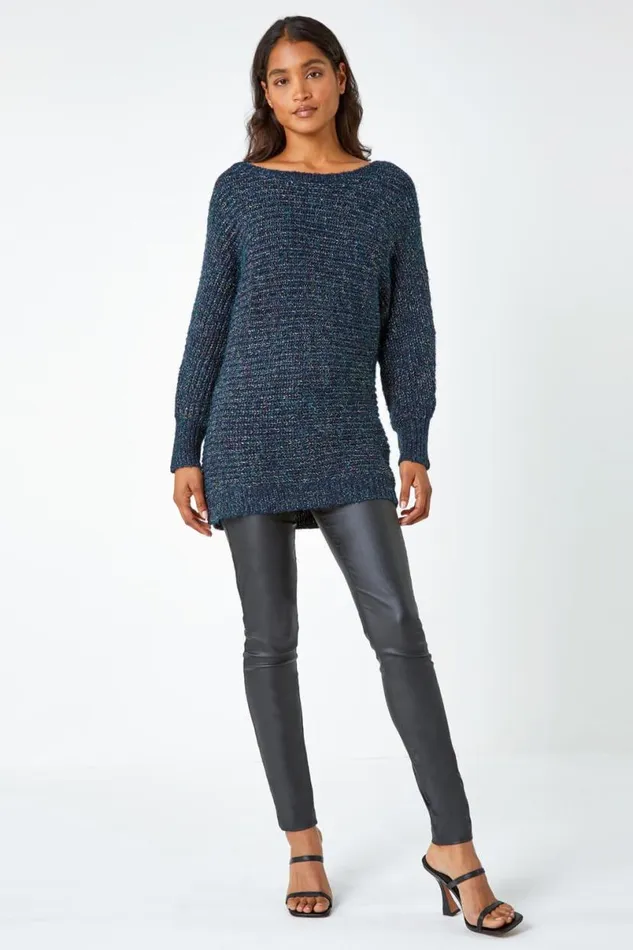 Midnight Blue Shimmer Thread Longline Jumper Women Roman Knitwear