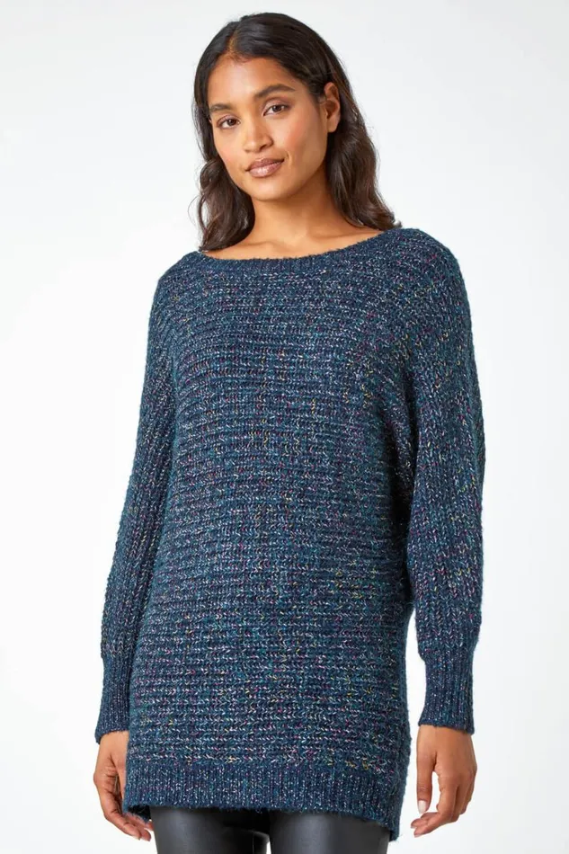 Midnight Blue Shimmer Thread Longline Jumper Women Roman Knitwear