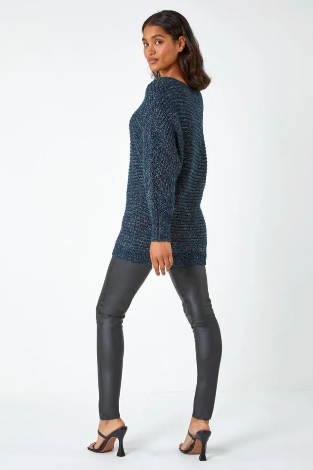 Midnight Blue Shimmer Thread Longline Jumper Women Roman Knitwear