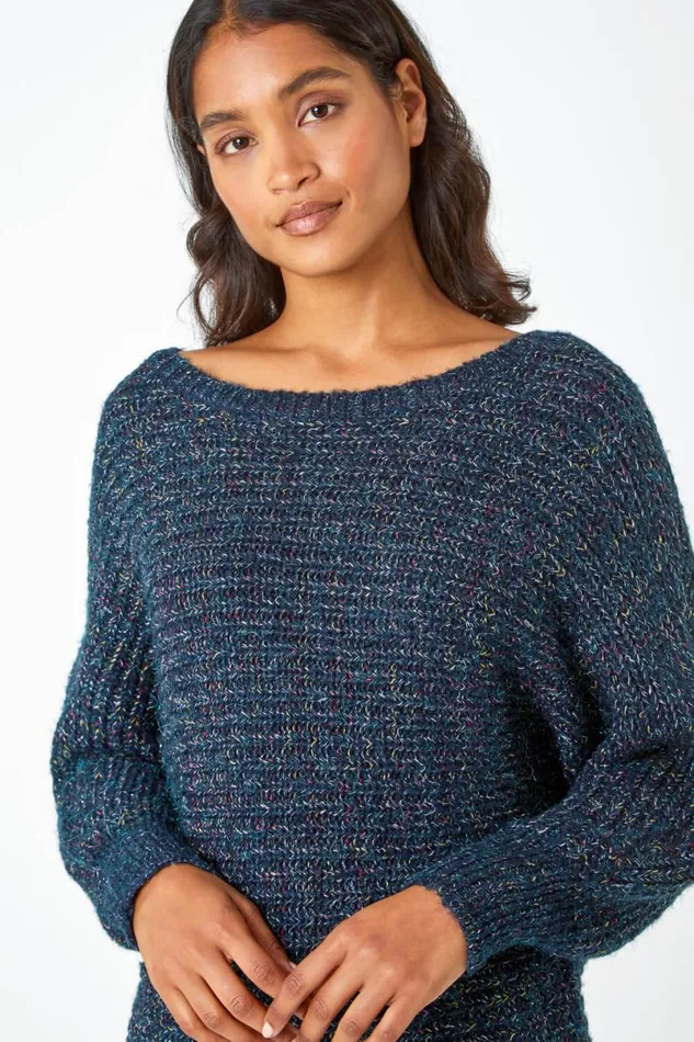 Midnight Blue Shimmer Thread Longline Jumper Women Roman Knitwear