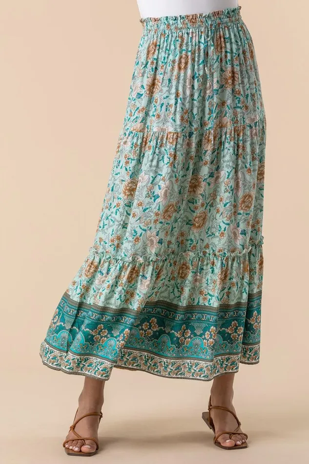 Mint Tiered Floral Print Maxi Skirt Women Roman Skirts