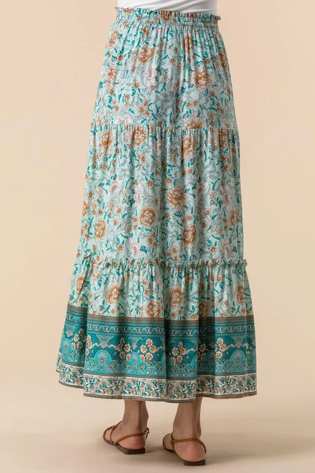 Mint Tiered Floral Print Maxi Skirt Women Roman Skirts
