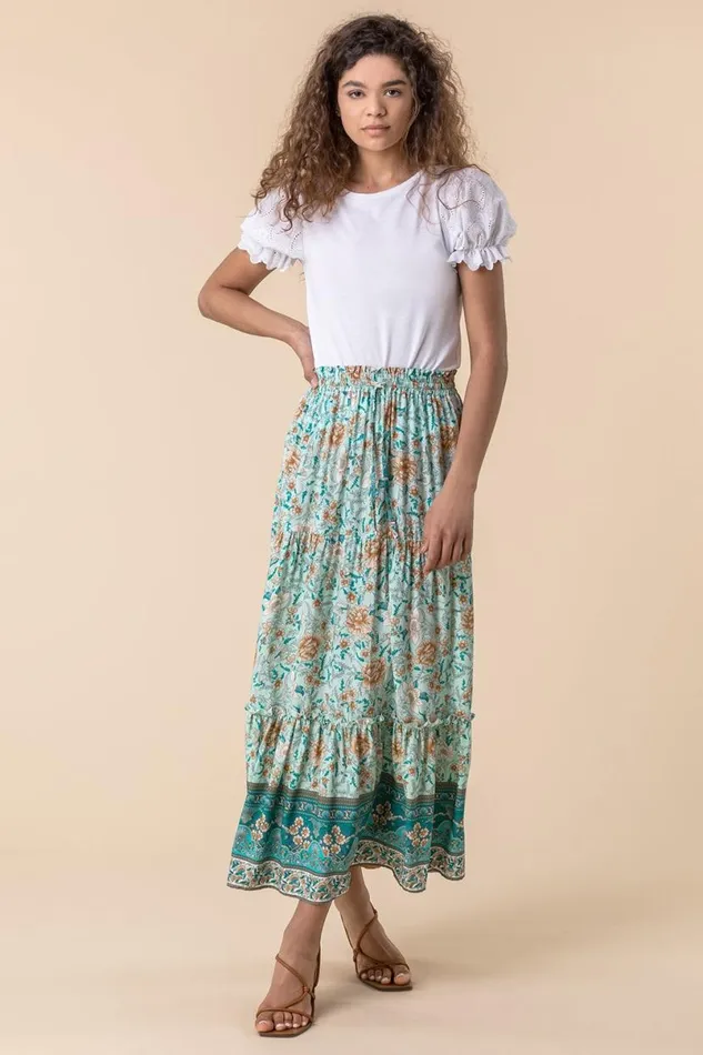 Mint Tiered Floral Print Maxi Skirt Women Roman Skirts