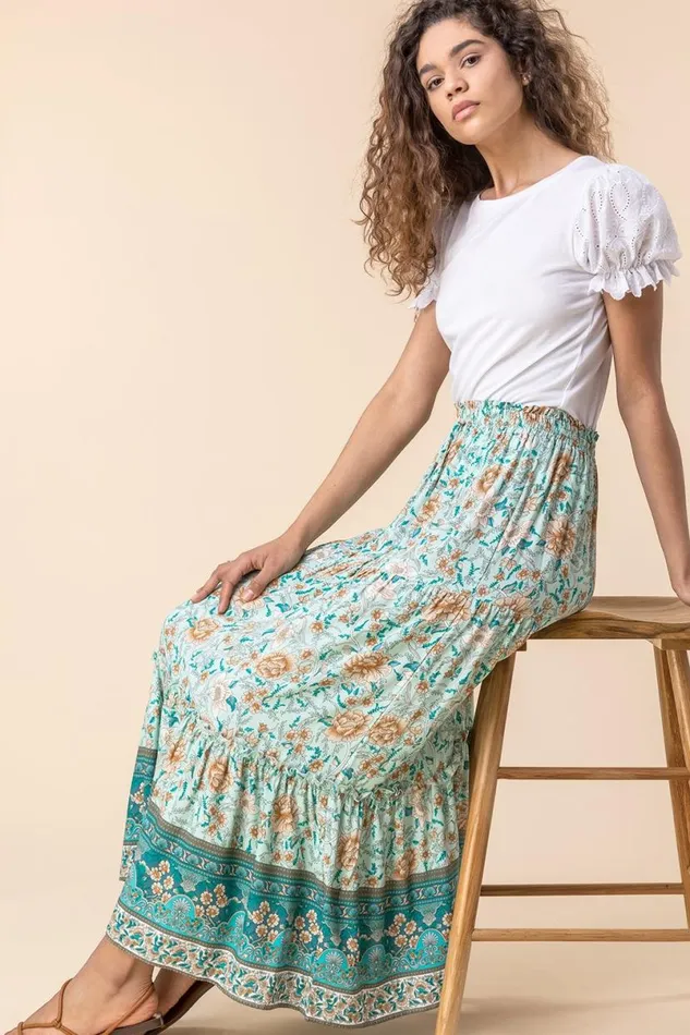 Mint Tiered Floral Print Maxi Skirt Women Roman Skirts