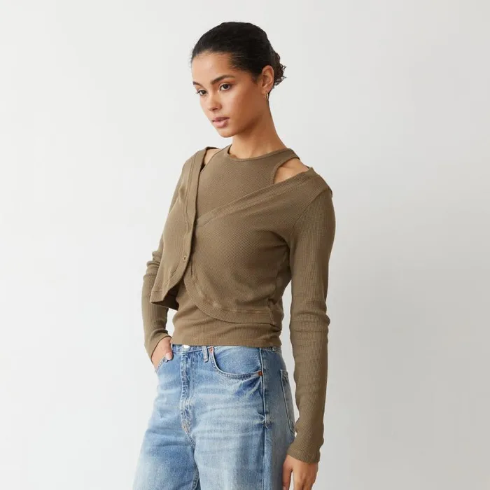 MONROW Long Sleeve Baby Thermal Double Layer Cardi Top 8211 Women MONROW Long Sleeve Baby Thermal Double Layer Cardi Top 8211 Women