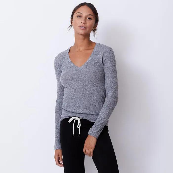 MONROW Tees Textured TriBlend Fitted Long Sleeve V Neck Tee 8211 Women