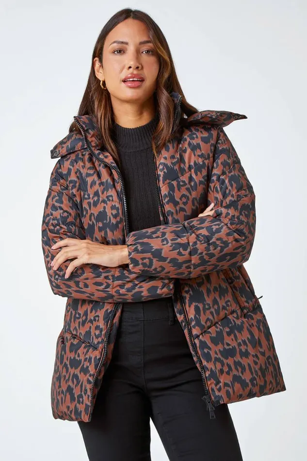 Multi Animal Print Hooded Padded Coat Women Roman Coats