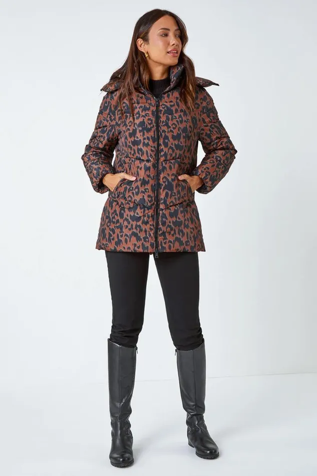 Multi Animal Print Hooded Padded Coat Women Roman Coats
