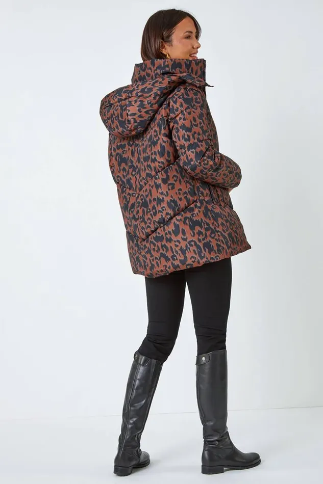 Multi Animal Print Hooded Padded Coat Women Roman Coats