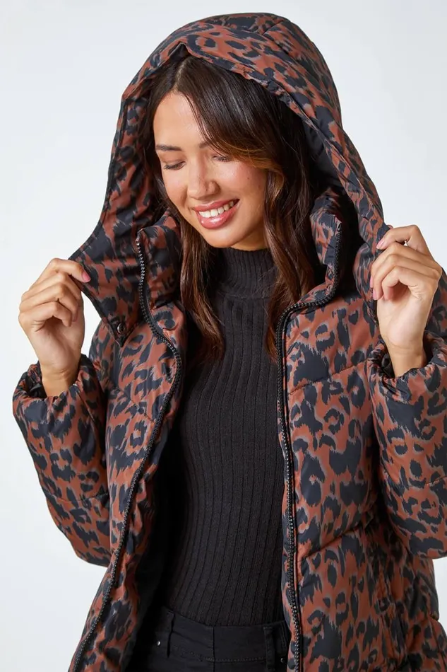 Multi Animal Print Hooded Padded Coat Women Roman Coats