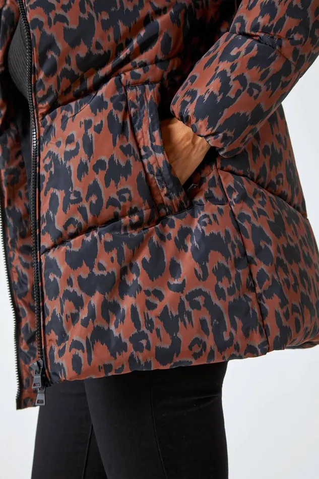 Multi Animal Print Hooded Padded Coat Women Roman Coats