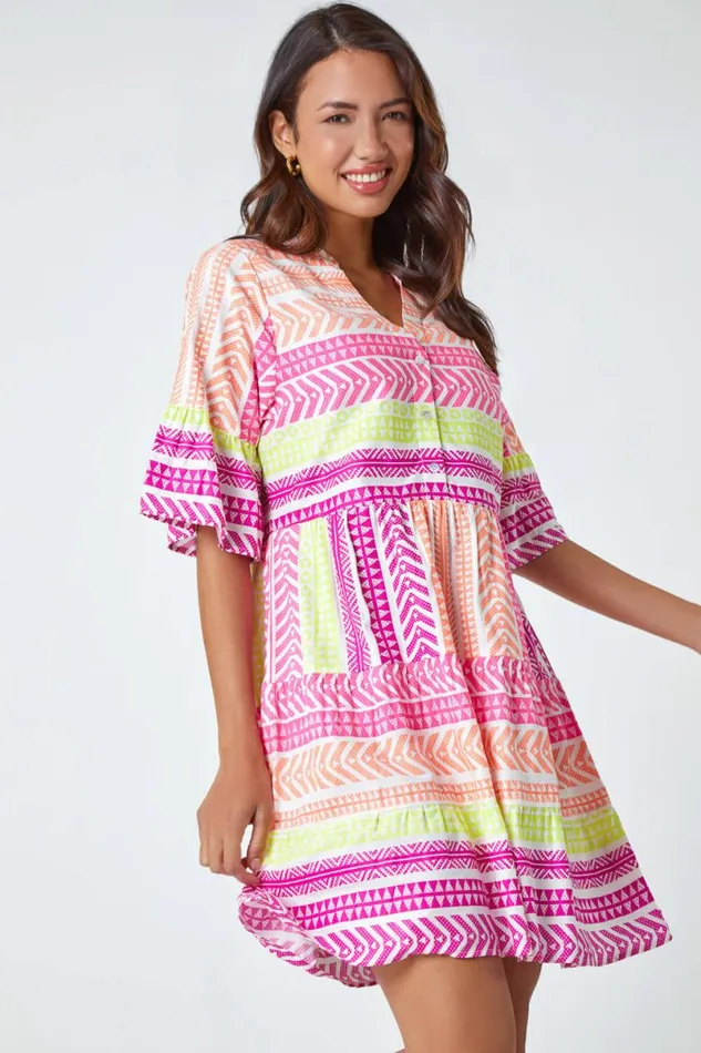 Multi Aztec Print Smock Dress Women Roman Dresses