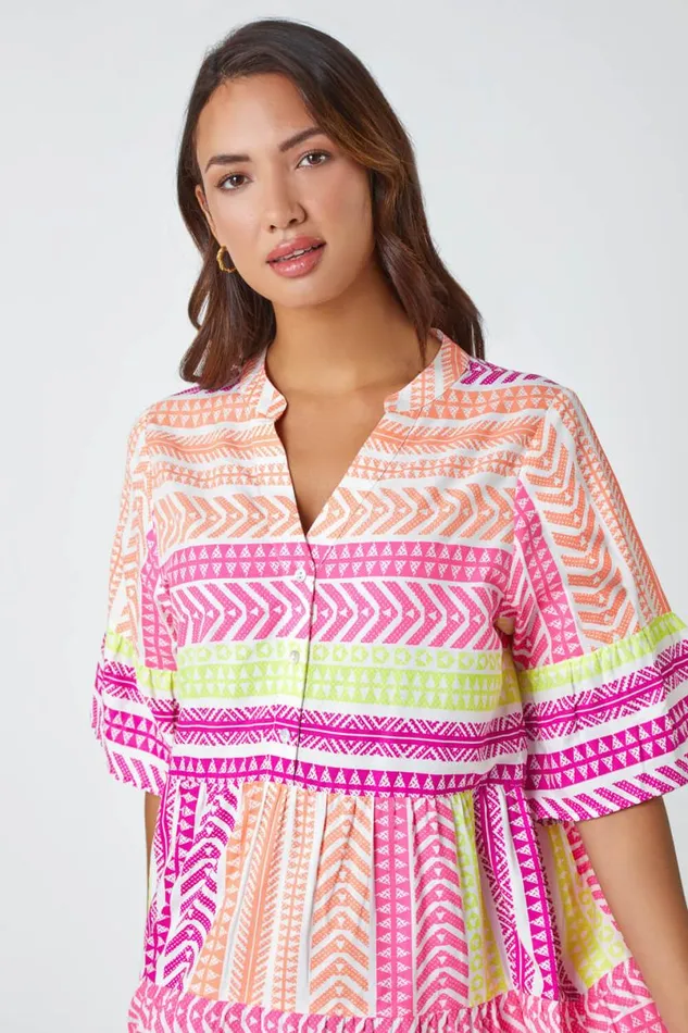 Multi Aztec Print Smock Dress Women Roman Dresses