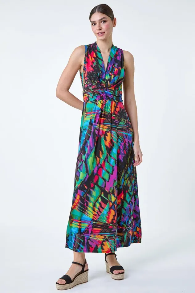 Multi Coloured Tropical Print Ruched Maxi Dress Women Roman Dresses