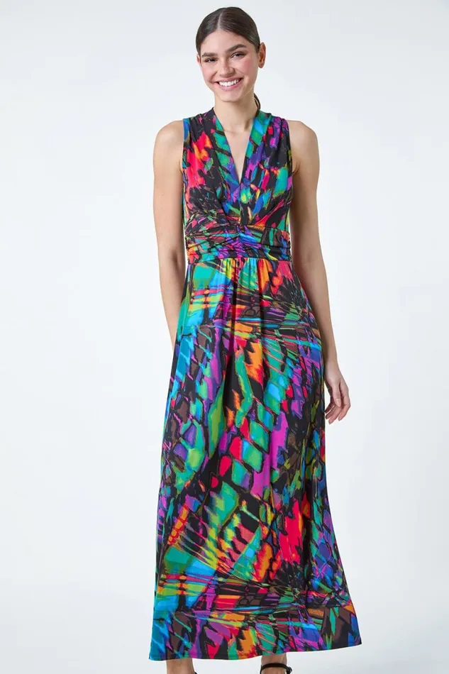 Multi Coloured Tropical Print Ruched Maxi Dress Women Roman Dresses