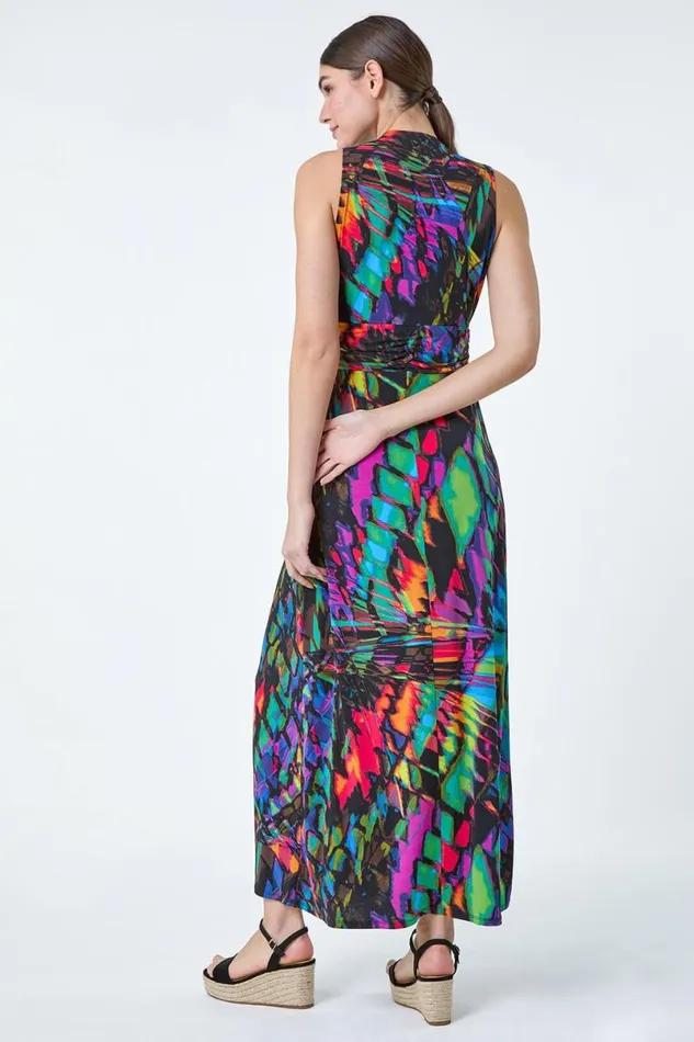 Multi Coloured Tropical Print Ruched Maxi Dress Women Roman Dresses