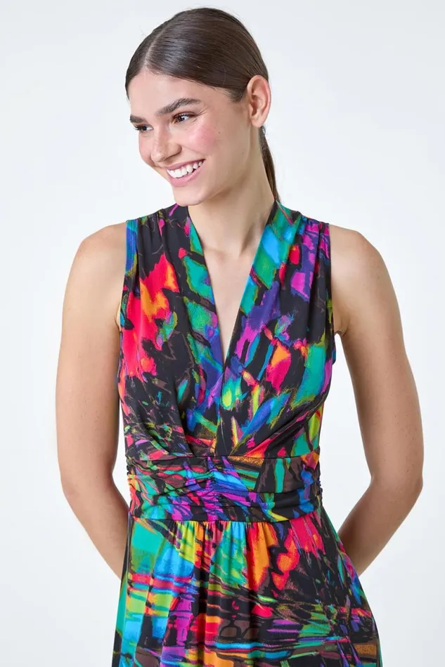 Multi Coloured Tropical Print Ruched Maxi Dress Women Roman Dresses