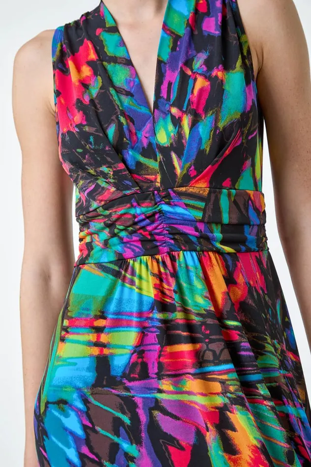 Multi Coloured Tropical Print Ruched Maxi Dress Women Roman Dresses