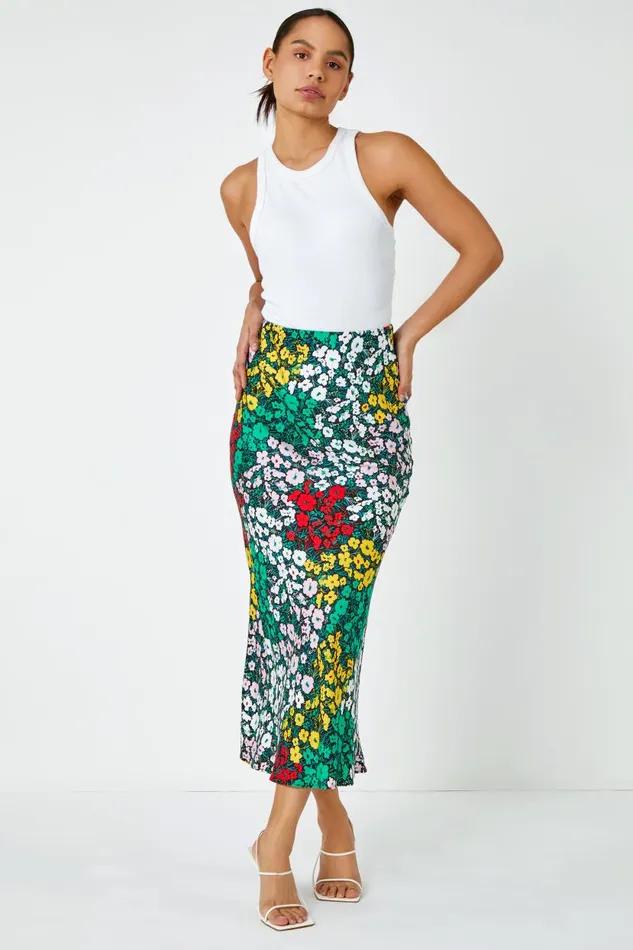 Multi Contrast Floral Elastic Waist Midi Skirt Women Roman Skirts