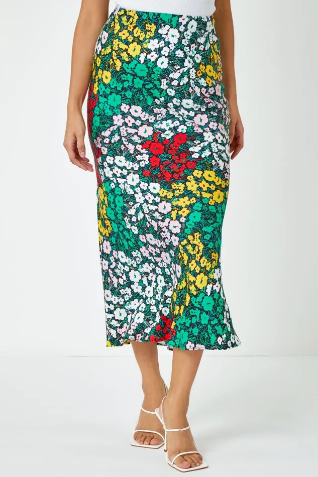 Multi Contrast Floral Elastic Waist Midi Skirt Women Roman Skirts