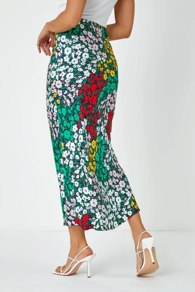 Multi Contrast Floral Elastic Waist Midi Skirt Women Roman Skirts