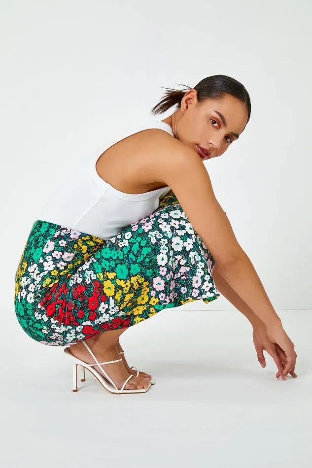 Multi Contrast Floral Elastic Waist Midi Skirt Women Roman Skirts