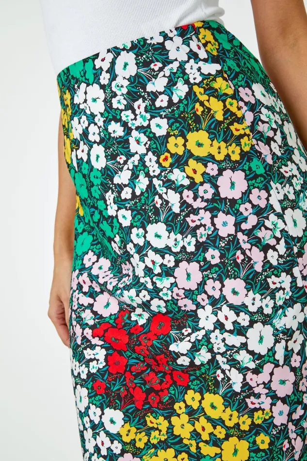Multi Contrast Floral Elastic Waist Midi Skirt Women Roman Skirts