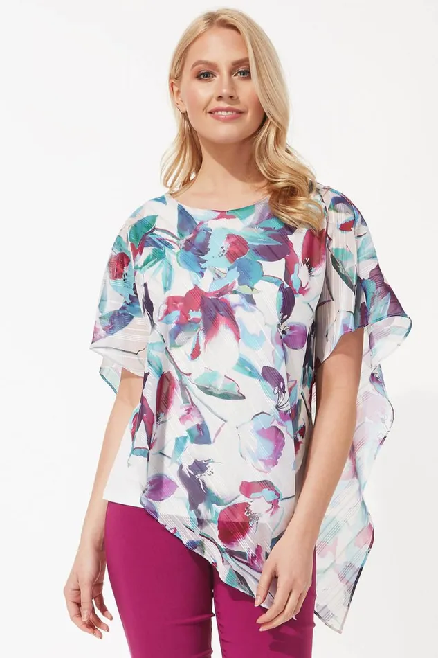 Multi Floral Asymmetric Chiffon Overlay Tunic Top Women Roman Tops