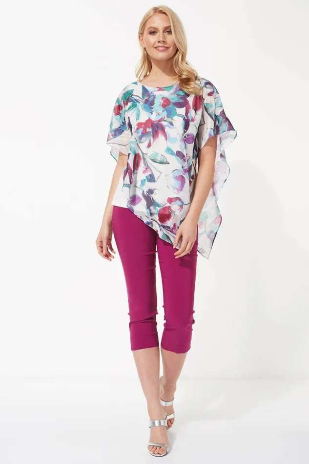 Multi Floral Asymmetric Chiffon Overlay Tunic Top Women Roman Tops
