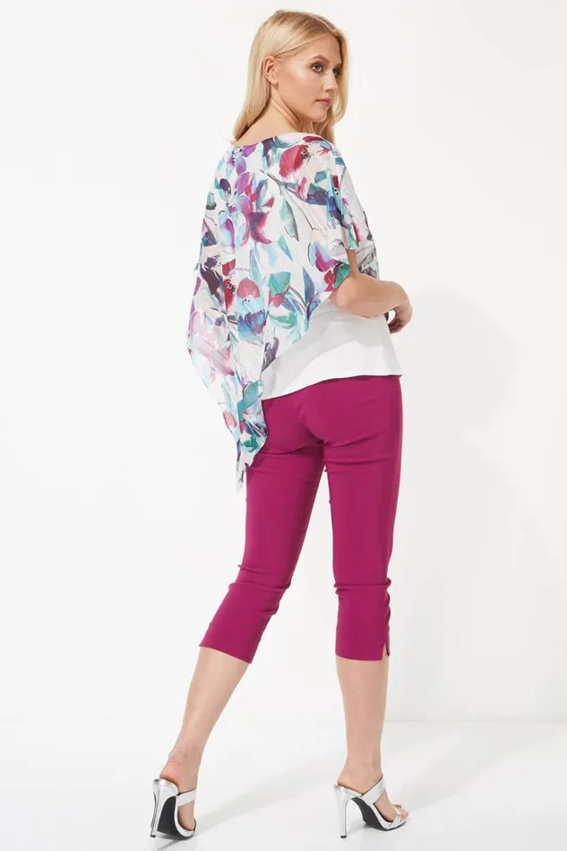 Multi Floral Asymmetric Chiffon Overlay Tunic Top Women Roman Tops