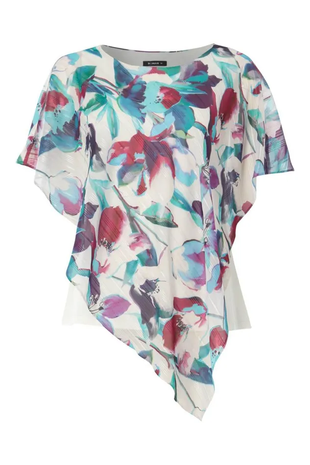 Multi Floral Asymmetric Chiffon Overlay Tunic Top Women Roman Tops