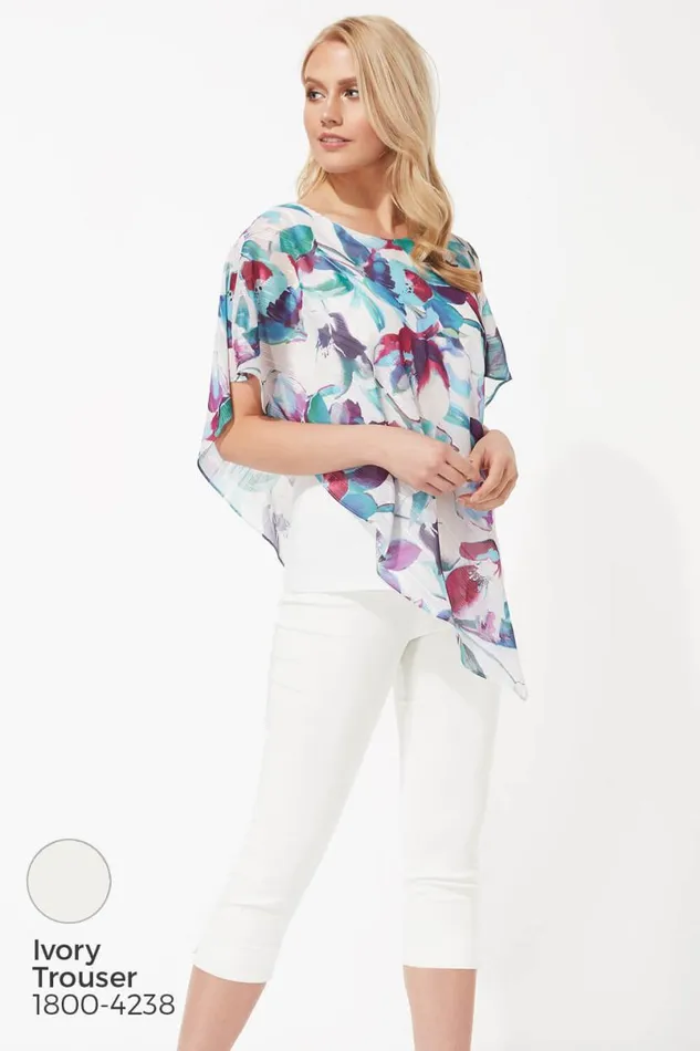 Multi Floral Asymmetric Chiffon Overlay Tunic Top Women Roman Tops