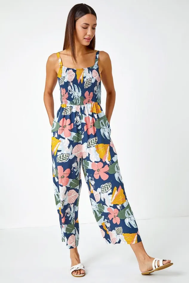 Multi Floral Print Stretch Jumpsuit Women Roman Dresses