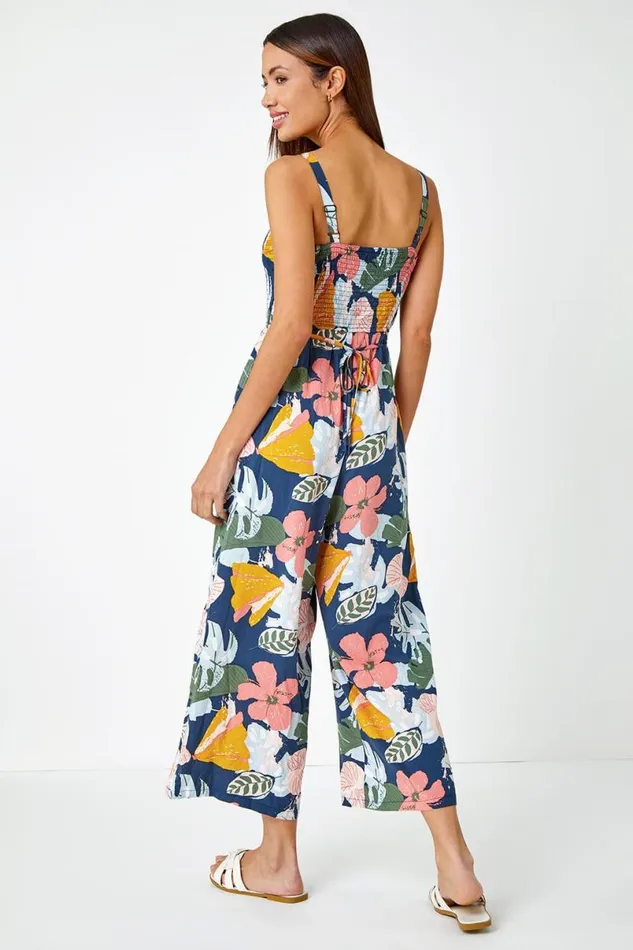 Multi Floral Print Stretch Jumpsuit Women Roman Dresses