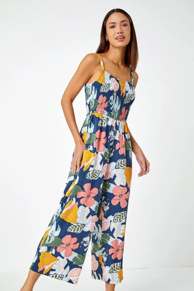 Multi Floral Print Stretch Jumpsuit Women Roman Dresses