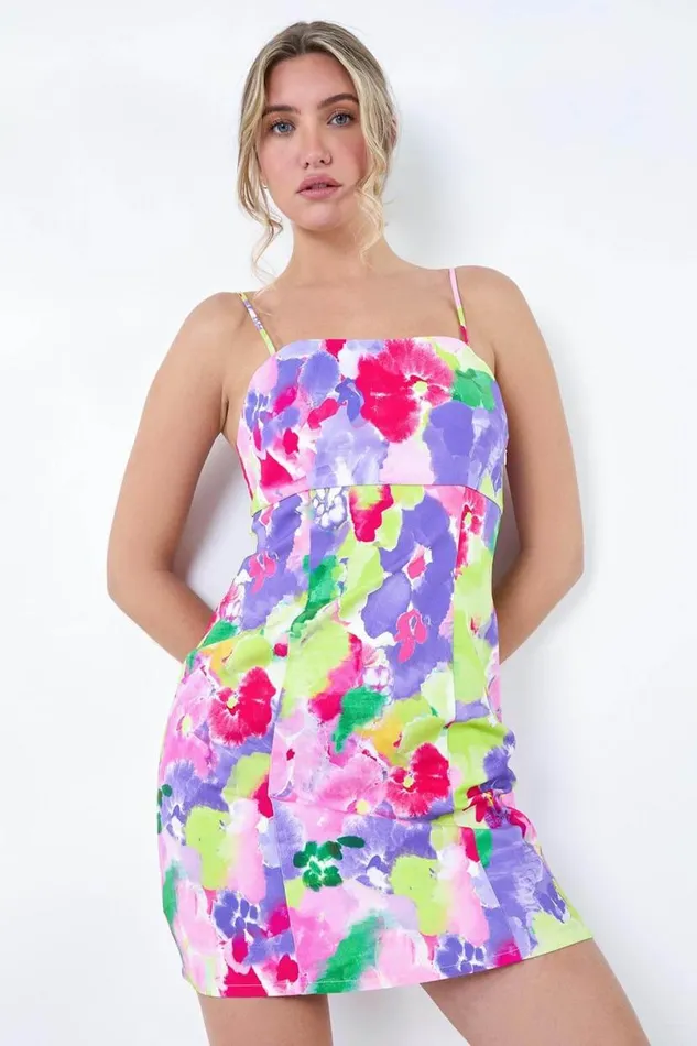 Multi Floral Stretch Bengaline Mini Dress Women Roman Dresses