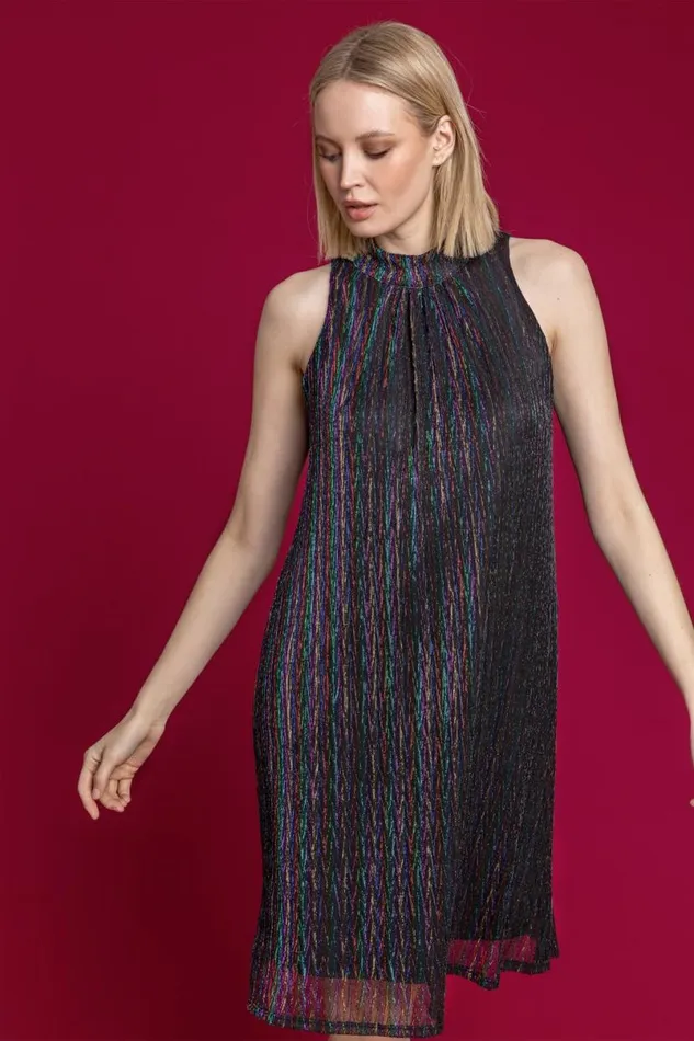 Multi Shimmer Cutaway High Neck Dress Women Roman Dresses