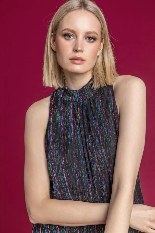 Multi Shimmer Cutaway High Neck Dress Women Roman Dresses