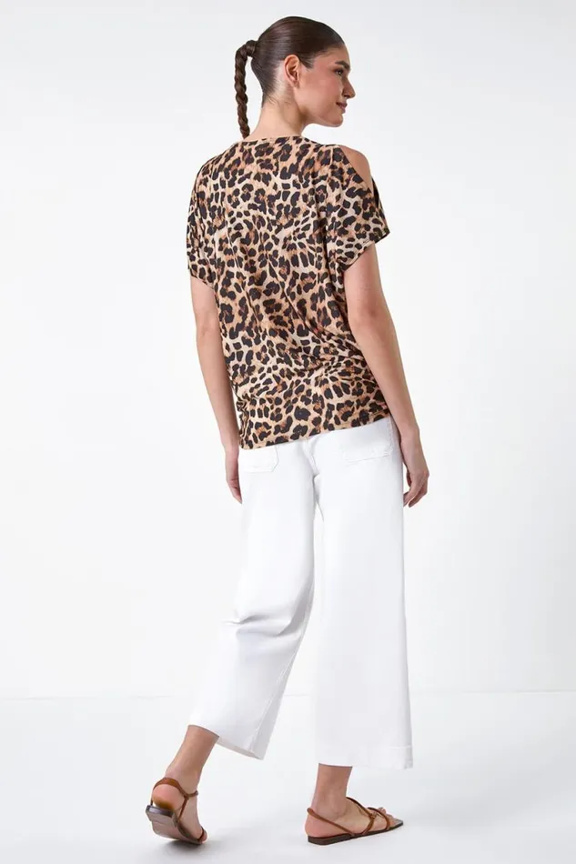 Natural Animal Print Cold Shoulder Stretch Top Women Roman Tops