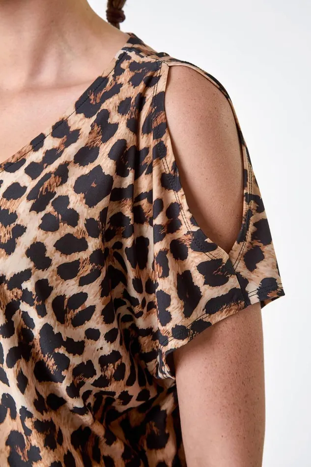 Natural Animal Print Cold Shoulder Stretch Top Women Roman Tops