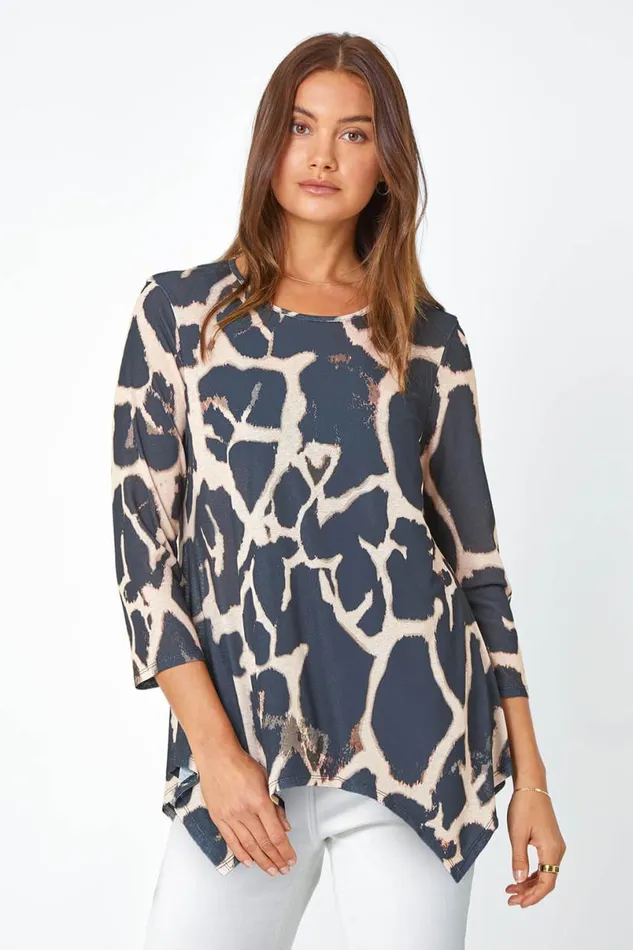 Natural Animal Print Mesh Hanky Hem Top Women Roman Tops