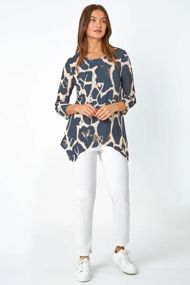 Natural Animal Print Mesh Hanky Hem Top Women Roman Tops